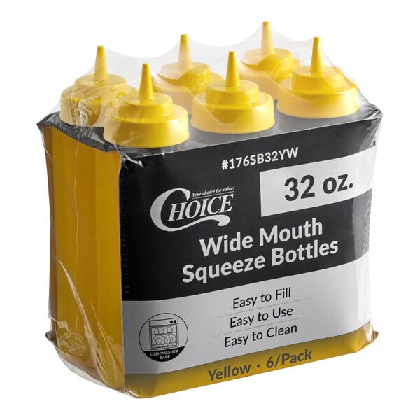 A six-pack of 32 oz. yellow wide mouth squeeze bottles in plastic packaging.