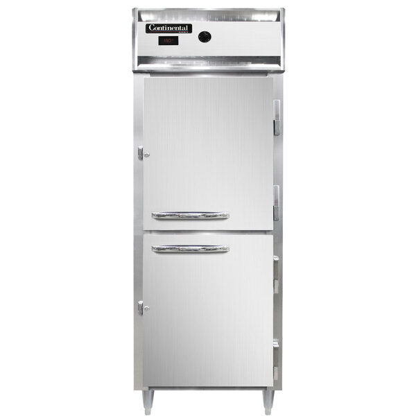 A white holding cabinet with a half solid door and a silver handle.