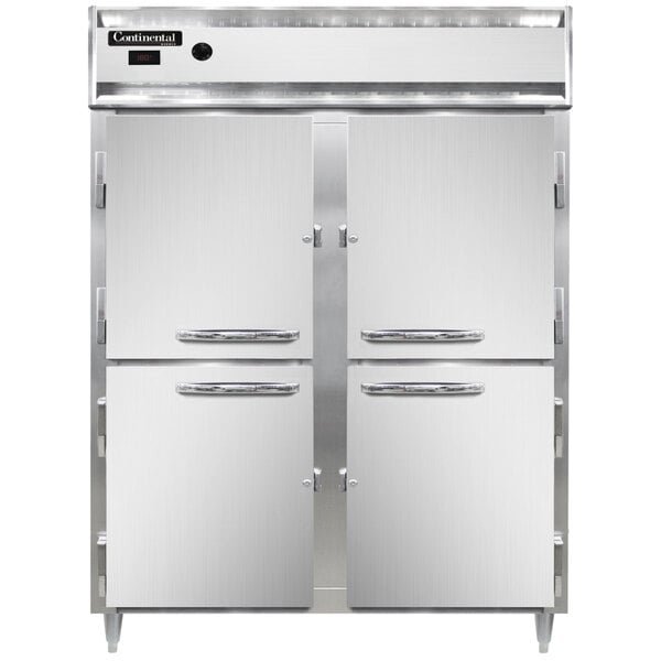 A white Continental extra-wide heated holding cabinet with two half solid doors.