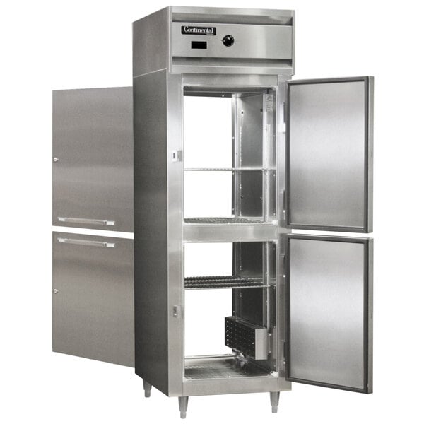 A stainless steel metal cabinet with a Continental half solid metal door.