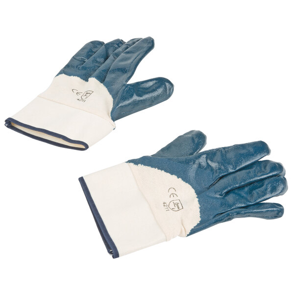 A pair of blue and white Cordova warehouse gloves with jersey lining and safety cuffs.