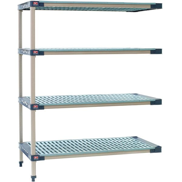 A MetroMax 4 add on shelving unit with two shelves on a metal surface.