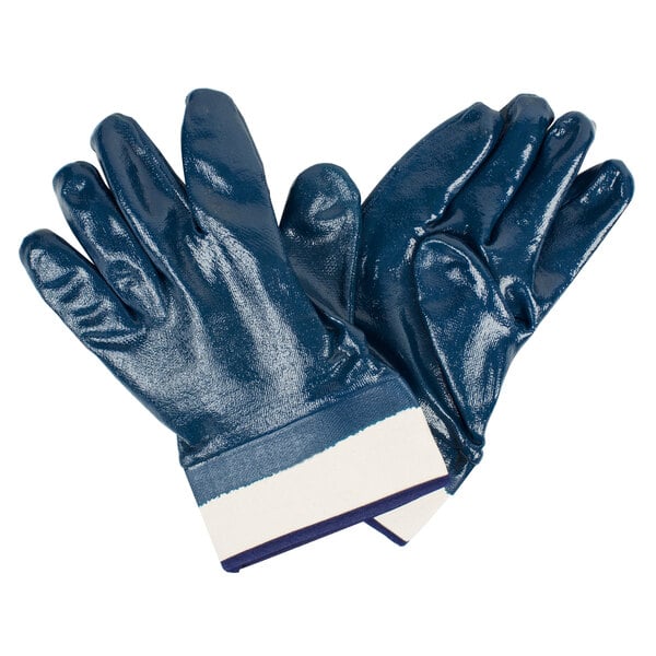 A pair of blue Cordova work gloves with white and blue stripes.