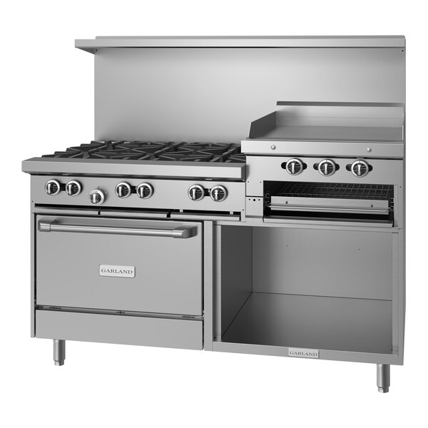 A large stainless steel Garland natural gas range with 6 burners, a raised griddle, and storage.