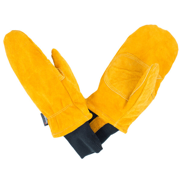 A pair of yellow leather freezer mittens with black trim.