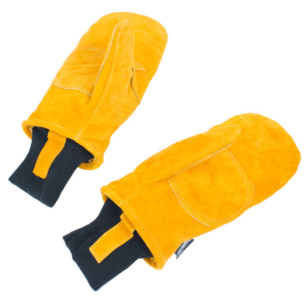 A pair of yellow Cordova leather mittens with black stitching.
