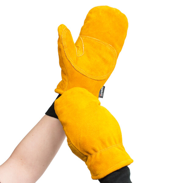 A pair of yellow freezer mittens with black leather palms.