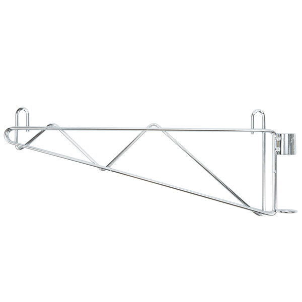 A Metro Super Erecta chrome metal wall mount shelf support with a hook on the end.