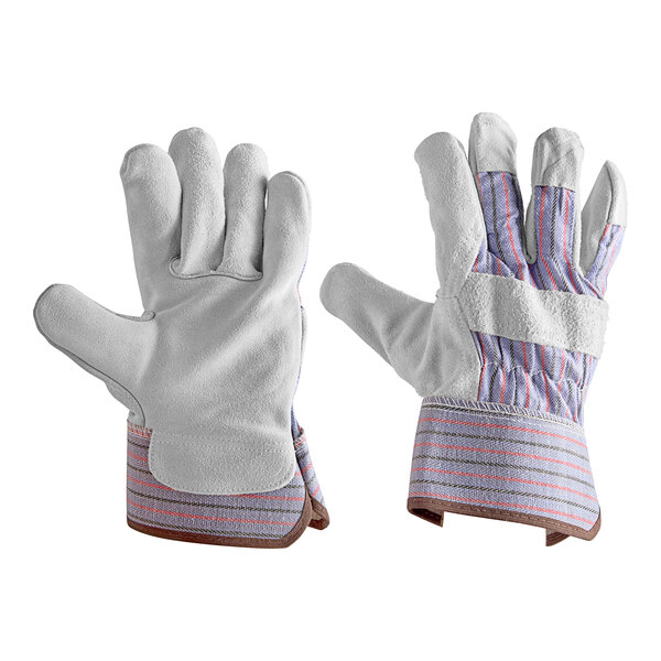 A pair of Cordova canvas work gloves with a striped pattern and leather palms with rubber cuffs.