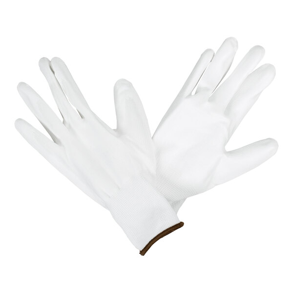 A pair of white polyester gloves with a white polyurethane palm coating.