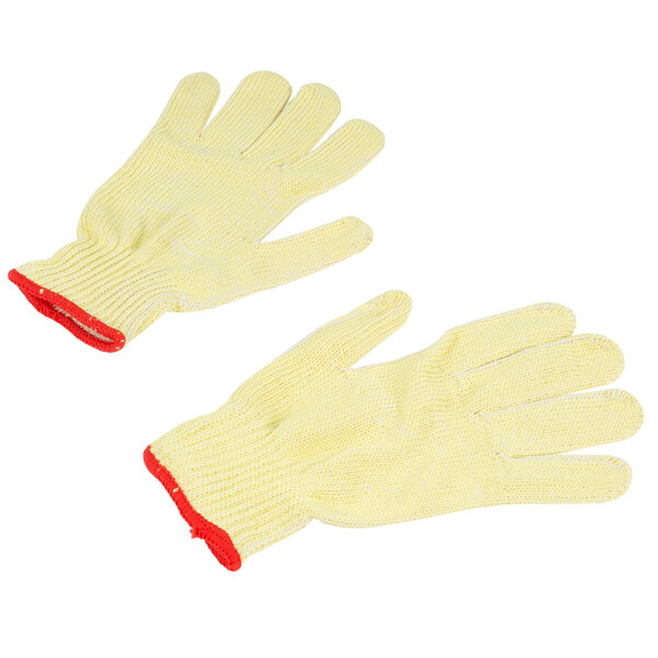 A pair of yellow Cordova work gloves with red trim.
