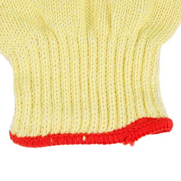 A yellow and red knitted fabric glove.