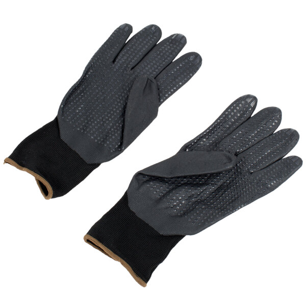 A pair of black Cordova warehouse gloves with black foam nitrile and polyurethane palms and nitrile dots.