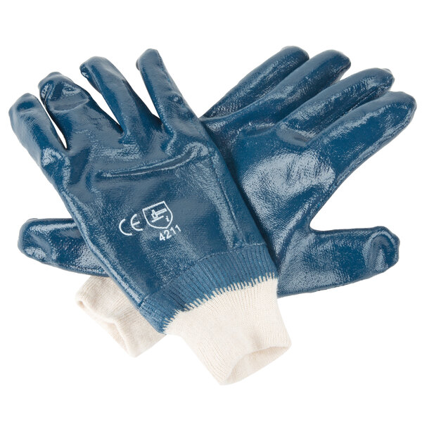 A pair of blue Cordova nitrile gloves with white lining.