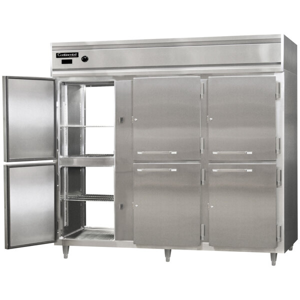 A large stainless steel Continental pass-through heated holding cabinet with three doors.