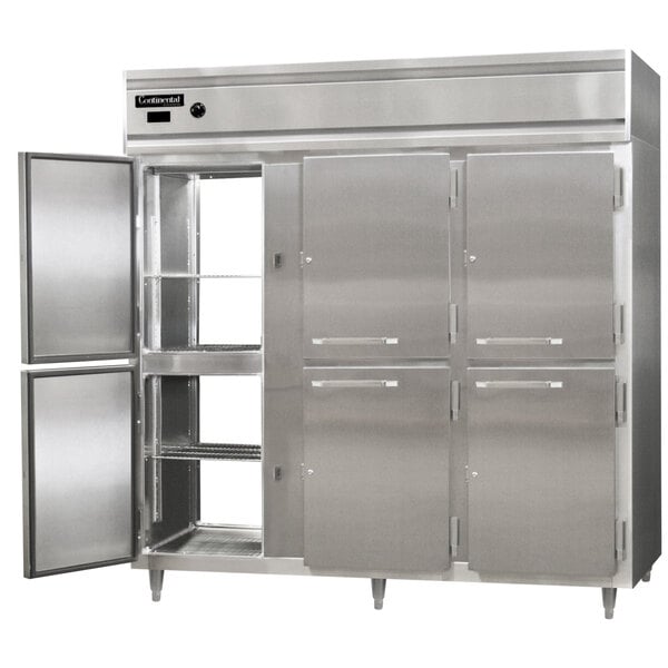 A Continental pass-through heated holding cabinet with half solid doors.