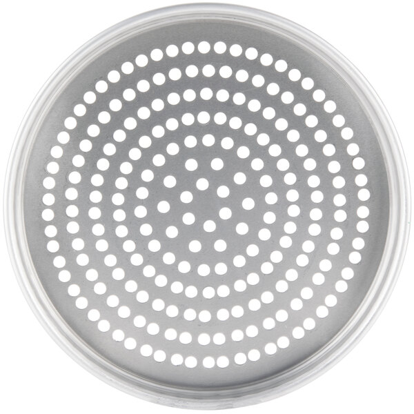 An American Metalcraft Super Perforated Heavy Weight Aluminum Pizza Pan with holes in it.