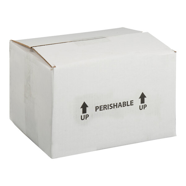 A white insulated shipping box with polystyrene cooler labeled 'perishable' and 'up' arrows.