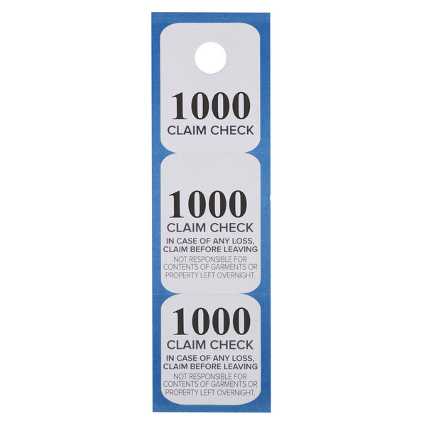A close-up of a blue and white Choice Paper Coat Room Check Ticket with the words "1000"