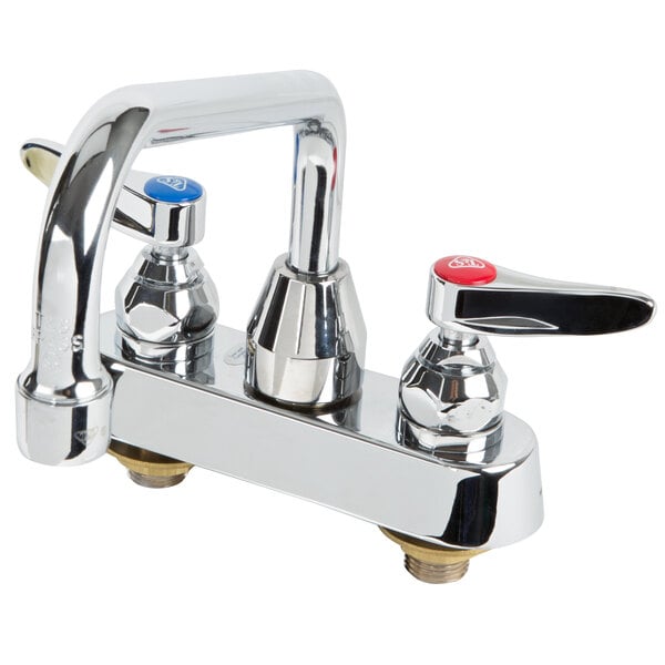 A chrome T&S deck-mounted workboard faucet with red and chrome handles.