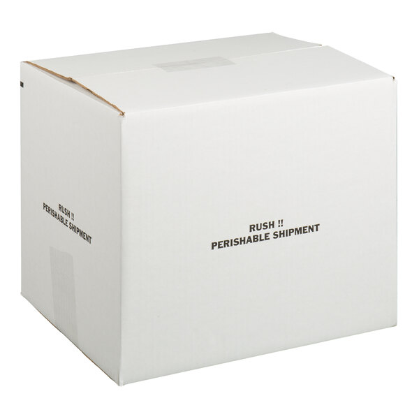 A white insulated shipping box with polystyrene cooler labeled 'Rush!! Perishable Shipment.'
