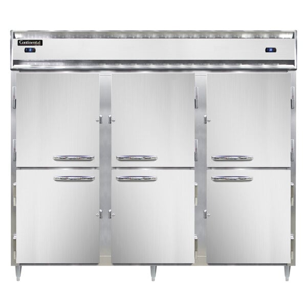 A Continental DL3RRF-SA-HD solid half door refrigerator with three doors open.