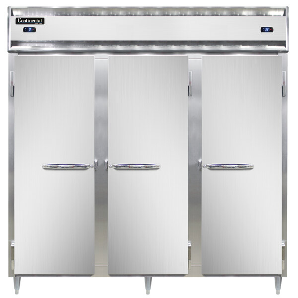 The open stainless steel doors of a Continental Dual Temperature Reach-In Refrigerator/Freezer.