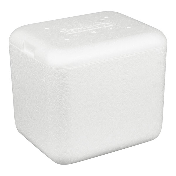 A white insulated polystyrene cooler with a rectangular shape and rounded edges.