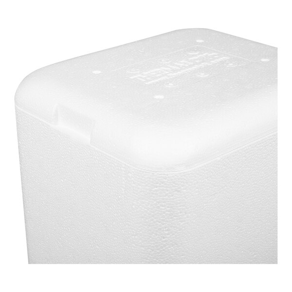 A white insulated polystyrene cooler with a rectangular shape and a fitted lid.