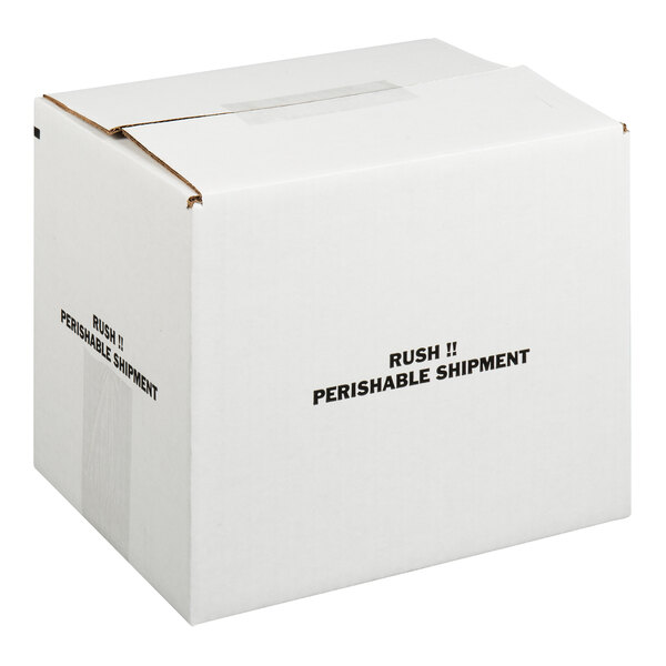 A white insulated shipping box with polystyrene cooler labeled 'Rush!! Perishable Shipment.'
