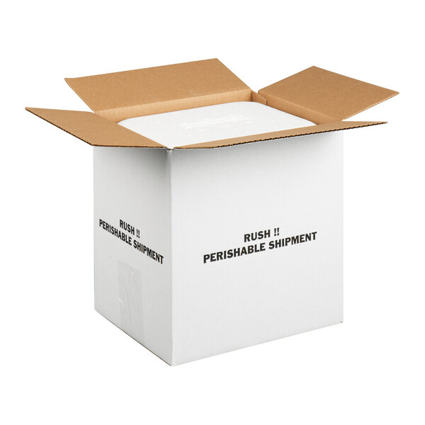 A white insulated shipping box with an open top and printed text reading 'Rush!! Perishable Shipment.'