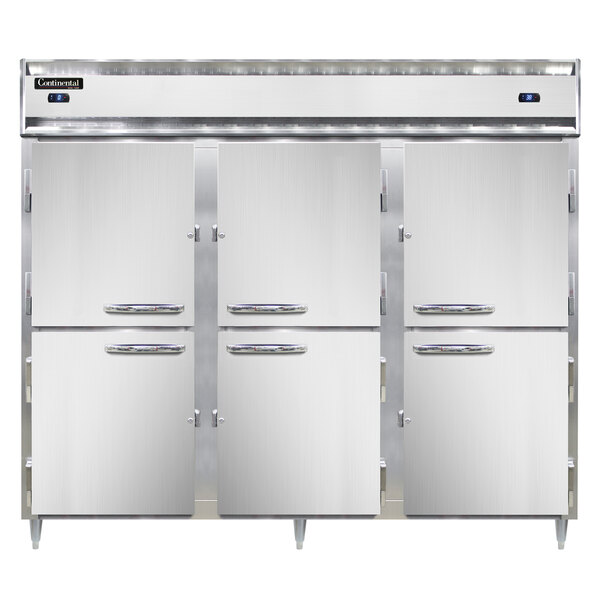 A Continental stainless steel dual temperature refrigerator with four half doors open.