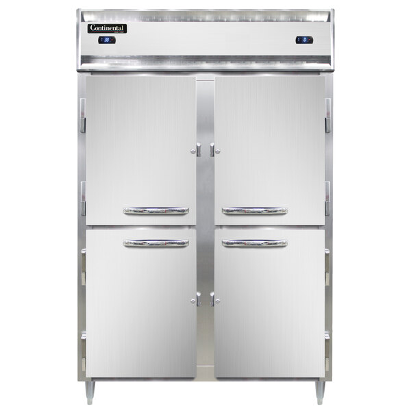 A white rectangular stainless steel Continental refrigerator/freezer with two half doors.