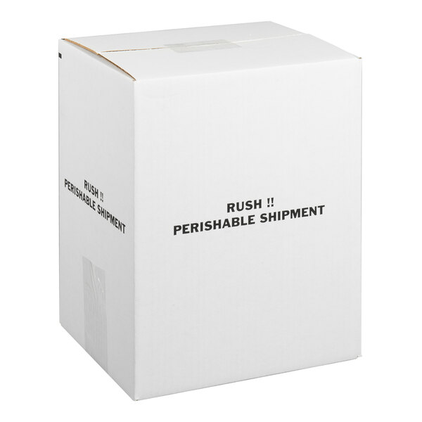 A white insulated shipping box with polystyrene cooler labeled 'Rush!! Perishable Shipment.'