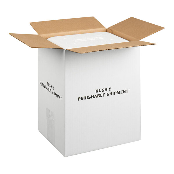 An insulated shipping box with a polystyrene cooler, labeled for perishable shipment.