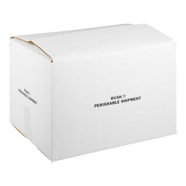 A white insulated shipping box with polystyrene cooler labeled 'Rush!! Perishable Shipment.'