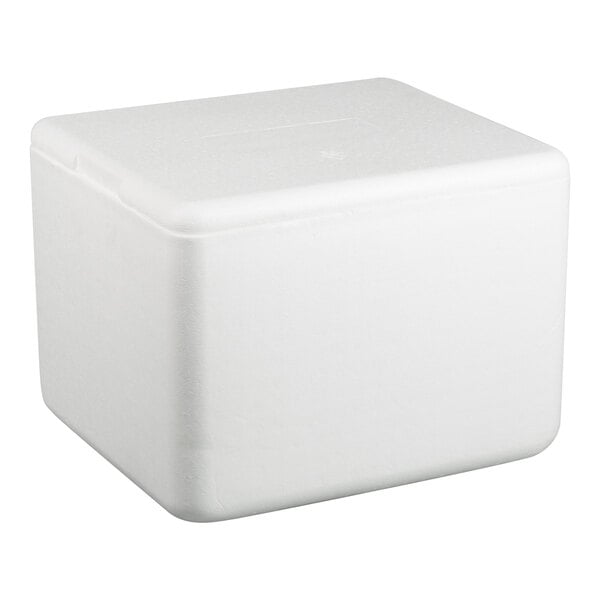 A white polystyrene insulated shipping box with a rectangular shape and fitted lid.