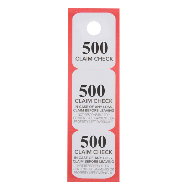 A white label with red text reading "Choice Red 3 Part Paper Coat Room Check Tickets - 500/Box"