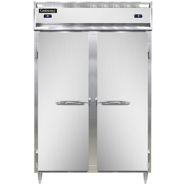 A white Continental DL2RFS dual temperature refrigerator/freezer with stainless steel doors open.