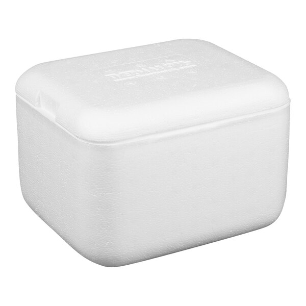 A white insulated polystyrene cooler with a rectangular shape and a fitted lid.