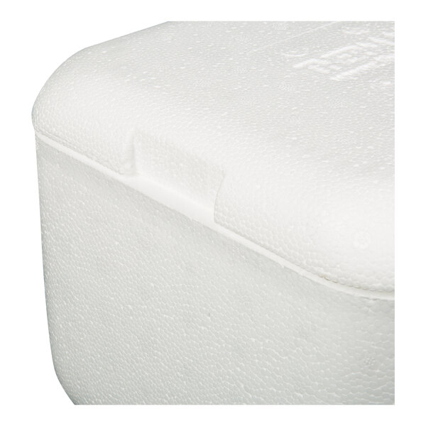 A white insulated polystyrene cooler with a rectangular shape and a fitted lid.