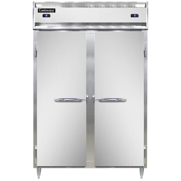 The open doors of a Continental DL2RFS-SA dual temperature refrigerator/freezer.