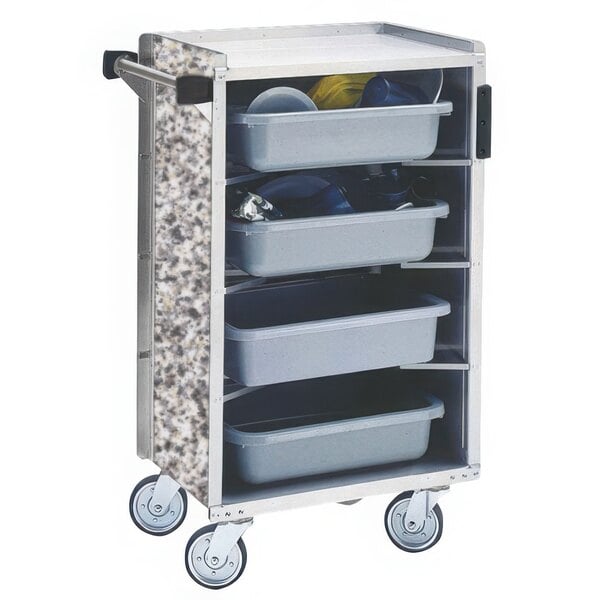 A Lakeside stainless steel enclosed bussing cart with trays.