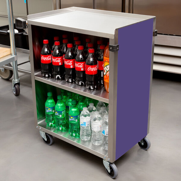 A Lakeside metal utility cart with soda and water bottles on it.