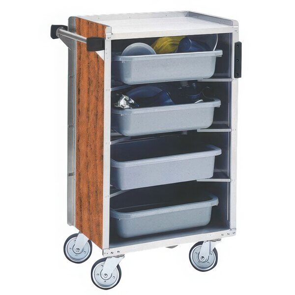 Lakeside 890VC Medium-Duty Stainless Steel Enclosed Bussing Cart with Ledge Rods and Victorian Cherry Finish - 17 5/8" x 27 3/4" x 42 7/8"