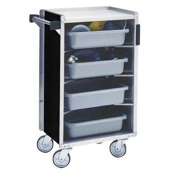 A black Lakeside stainless steel bussing cart with black trim and bins inside.