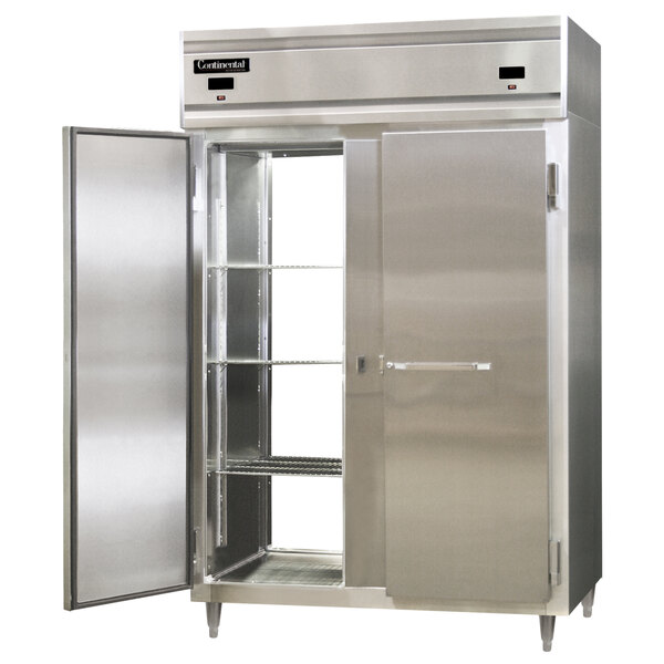 A large stainless steel Continental pass-through refrigerator/freezer with two doors.