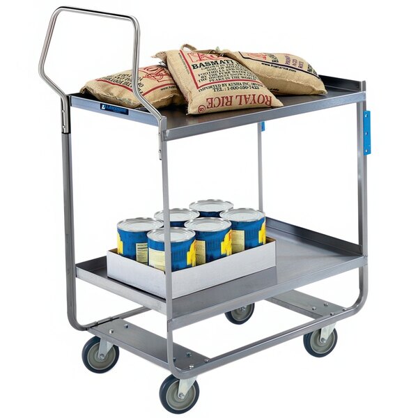 A Lakeside metal utility cart with bags of food and cans on it.