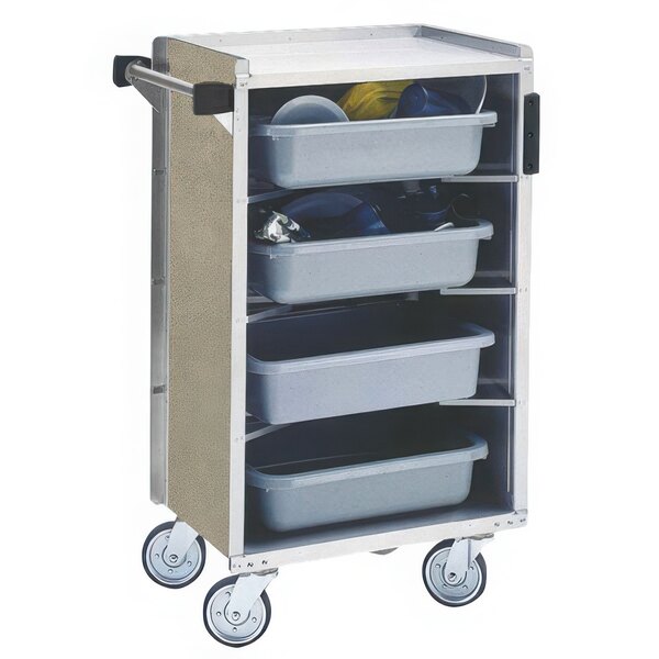 A Lakeside stainless steel bussing cart with bins inside.