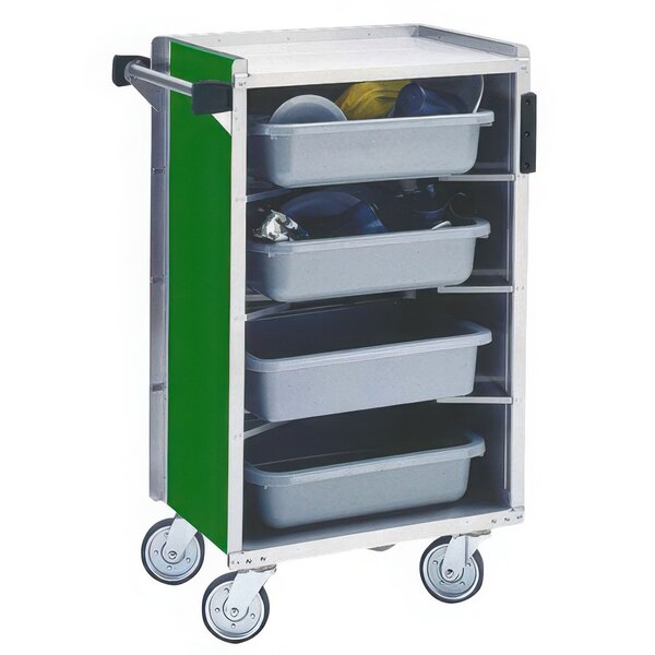 A Lakeside stainless steel bussing cart with green and white surfaces and ledge rods.